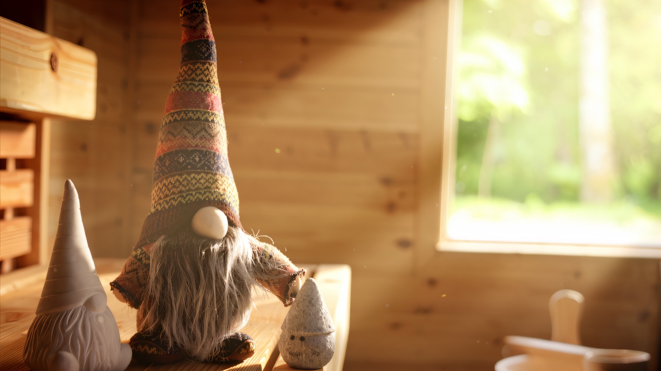 Little sauna gnomes lined up on the bench by the window