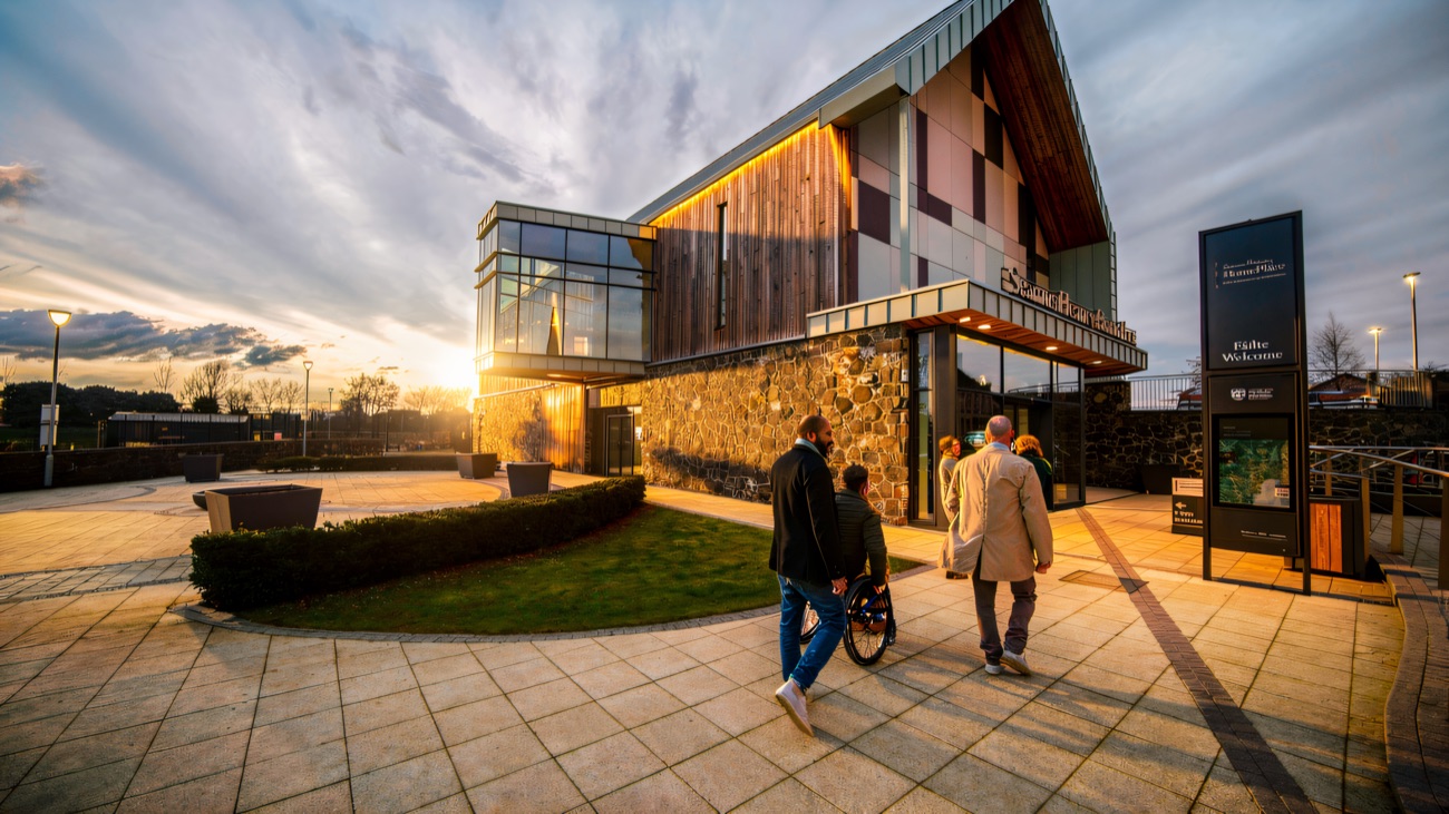 The HomePlace arts centre and its forecourt, in the poet's home village of Bellaghy.