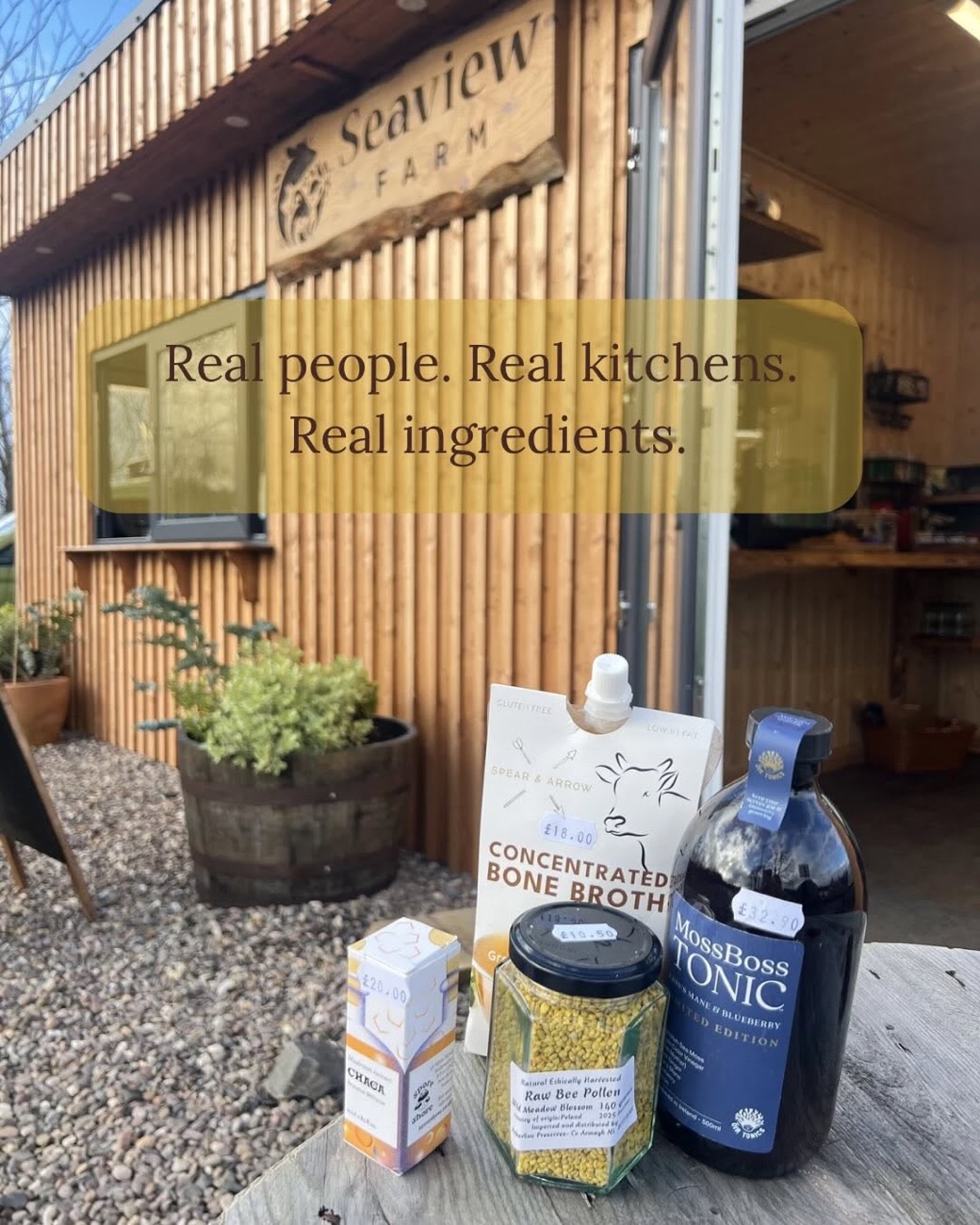 Local produce outside the Larder — concentrated bone broth, bee pollen and a berry tonic on the farm-shop bench