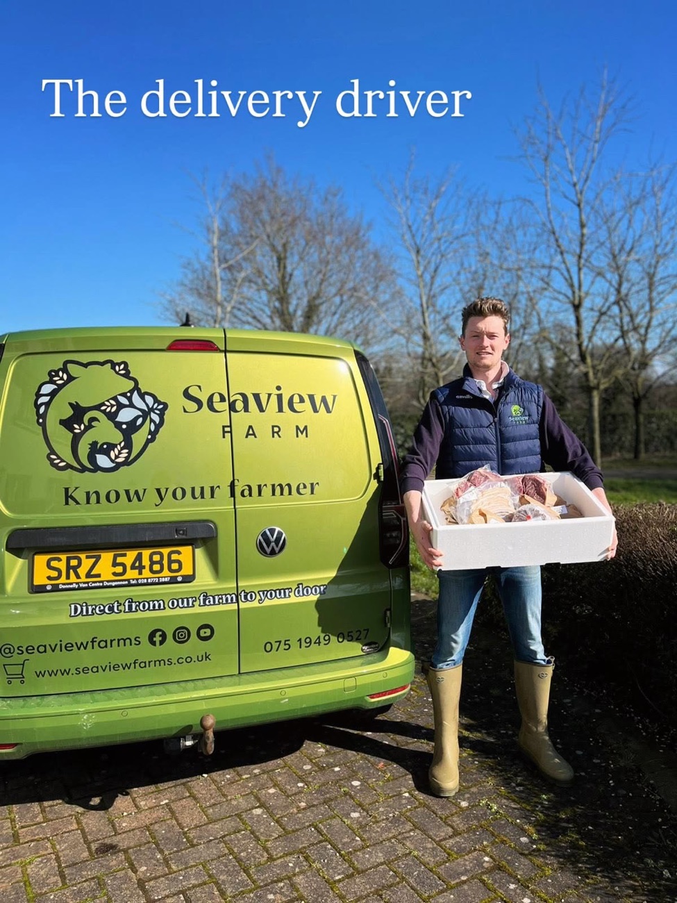 The green Seaview Farm van with a box of farm-fresh meat — 'direct from our farm to your door'