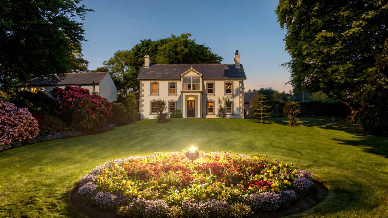 The Victorian farmhouse behind its circular flower bed in high summer, home to the McKinney family for generations.