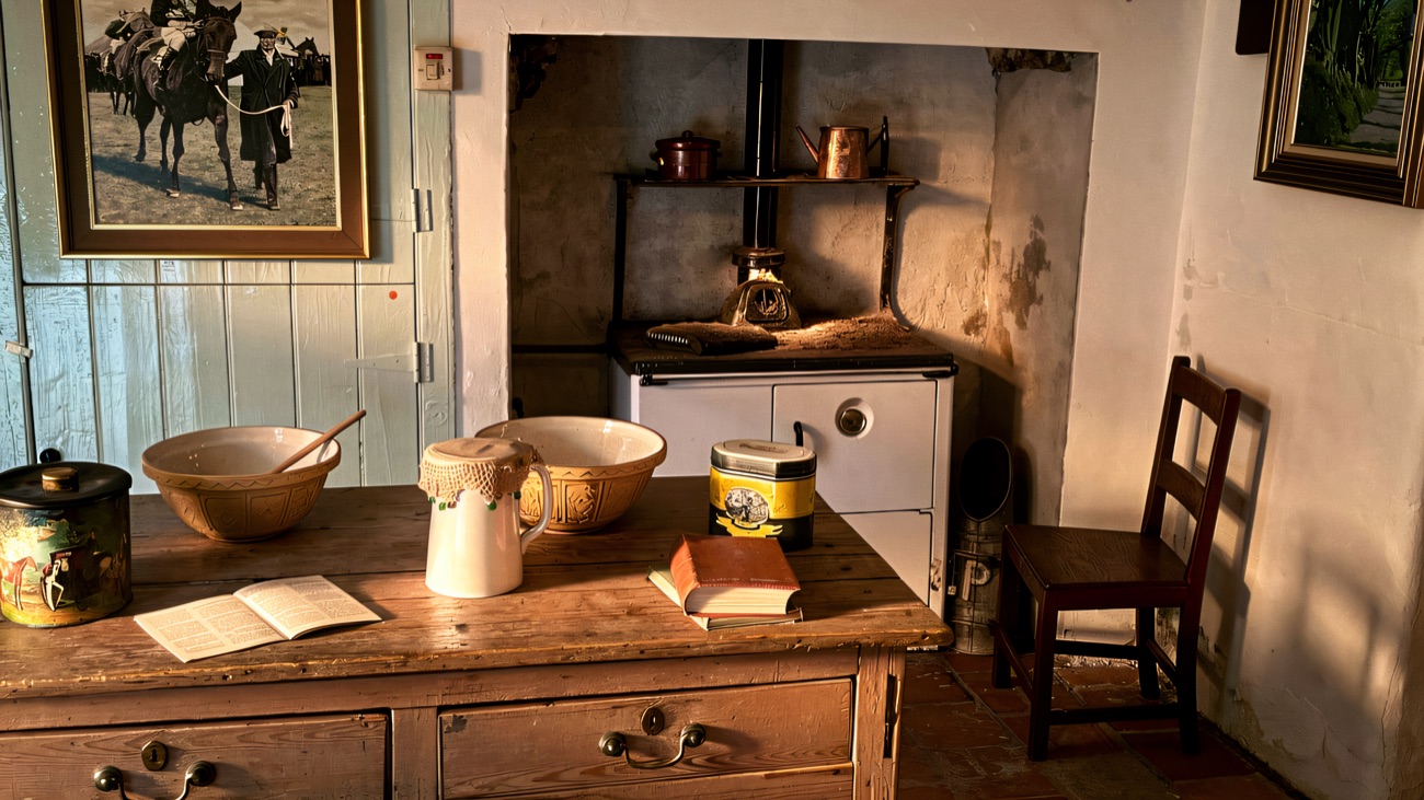The old kitchen, laid out as it once was around the range, with pine table and delph bowls.