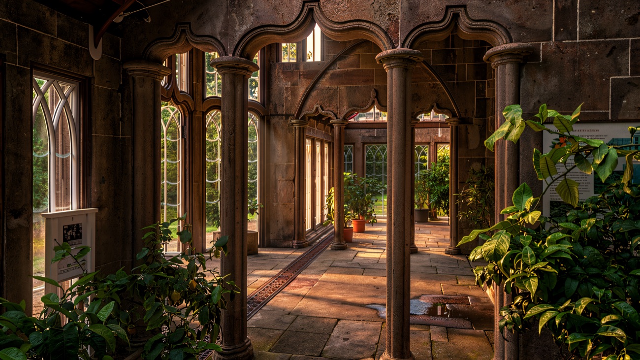 Inside the Gothic Camellia House conservatory