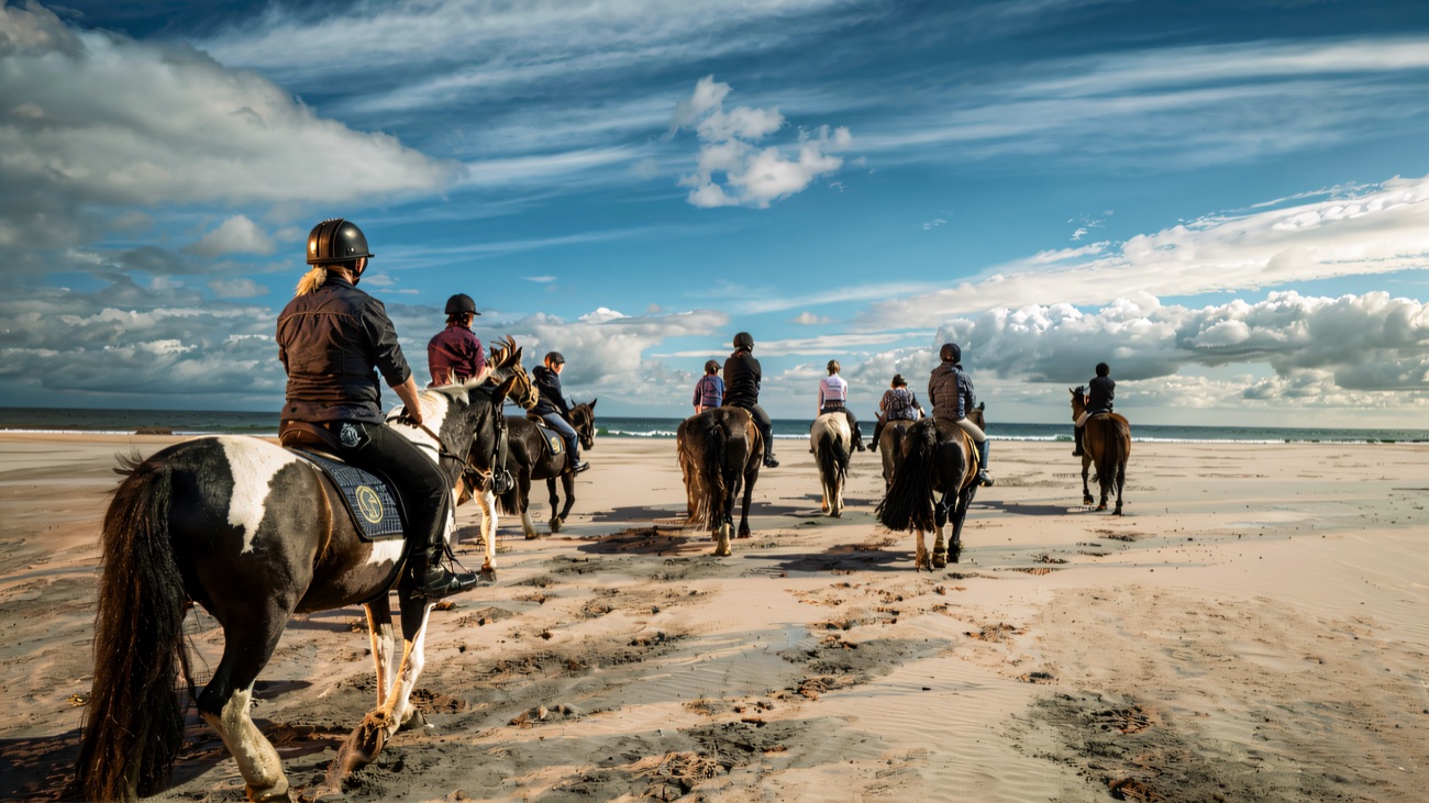 A trek heading out along the wide open sand
