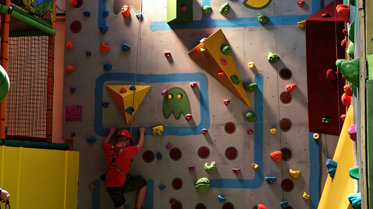 A helmeted climber on the arcade-themed indoor climbing wall