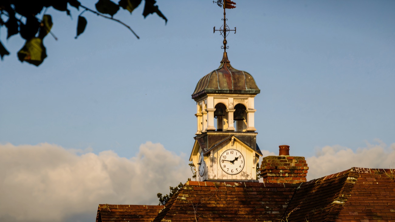 The ornate bell-cupola and weather vane crowning the stable block.