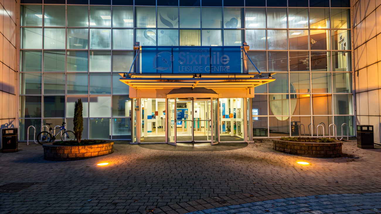 The main entrance lit up in the evening