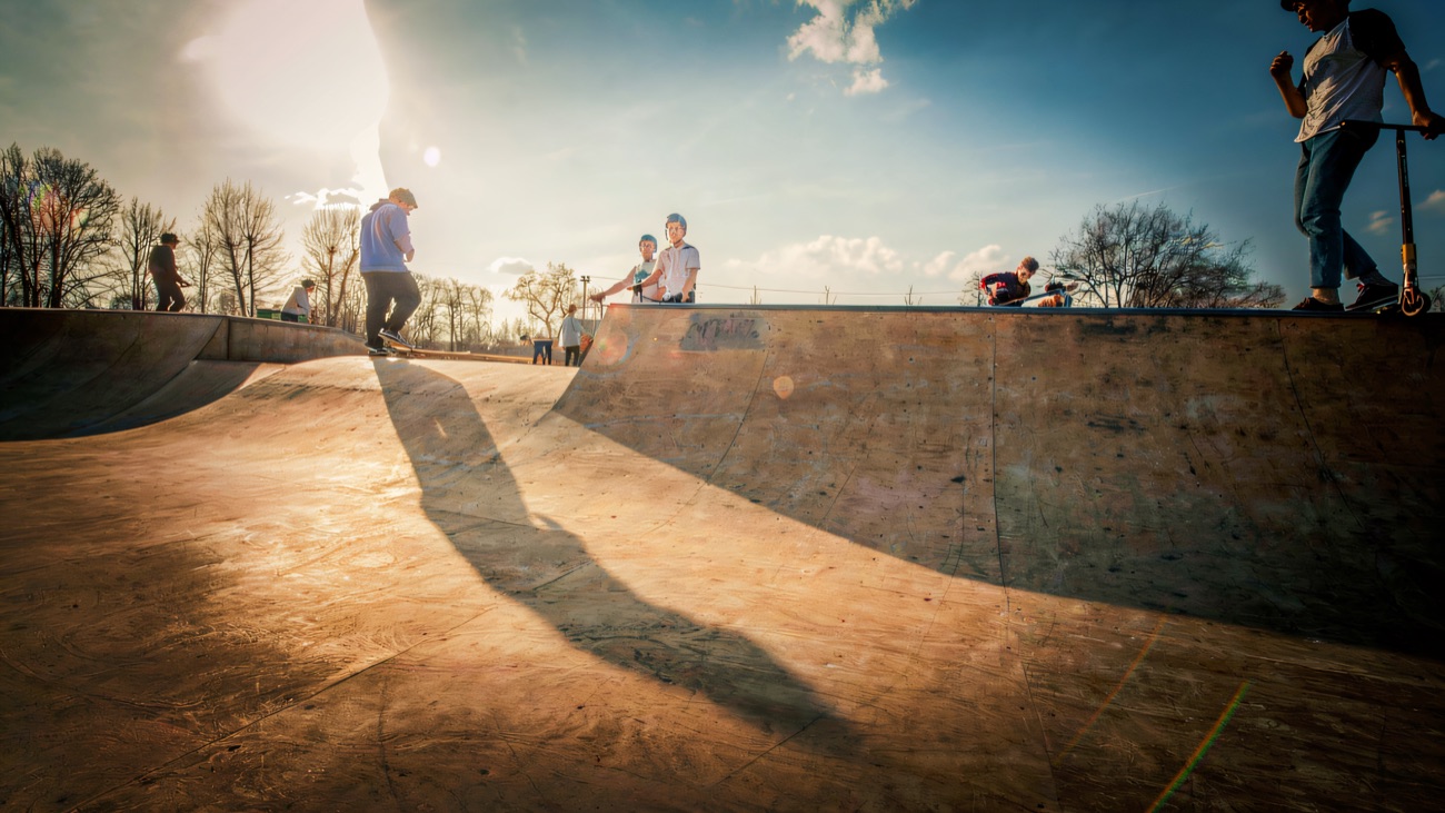 The concrete bowl catching low golden evening sunlight