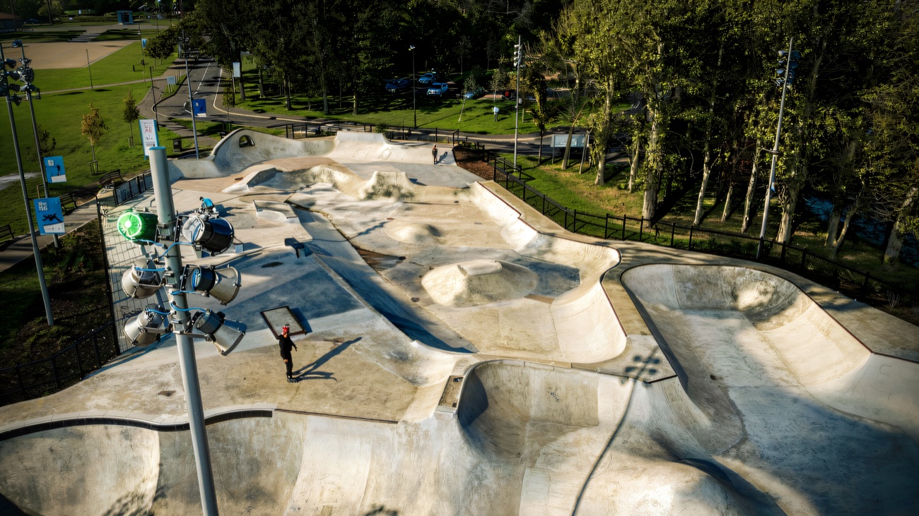 Looking down over the bowls, banks and street section from above