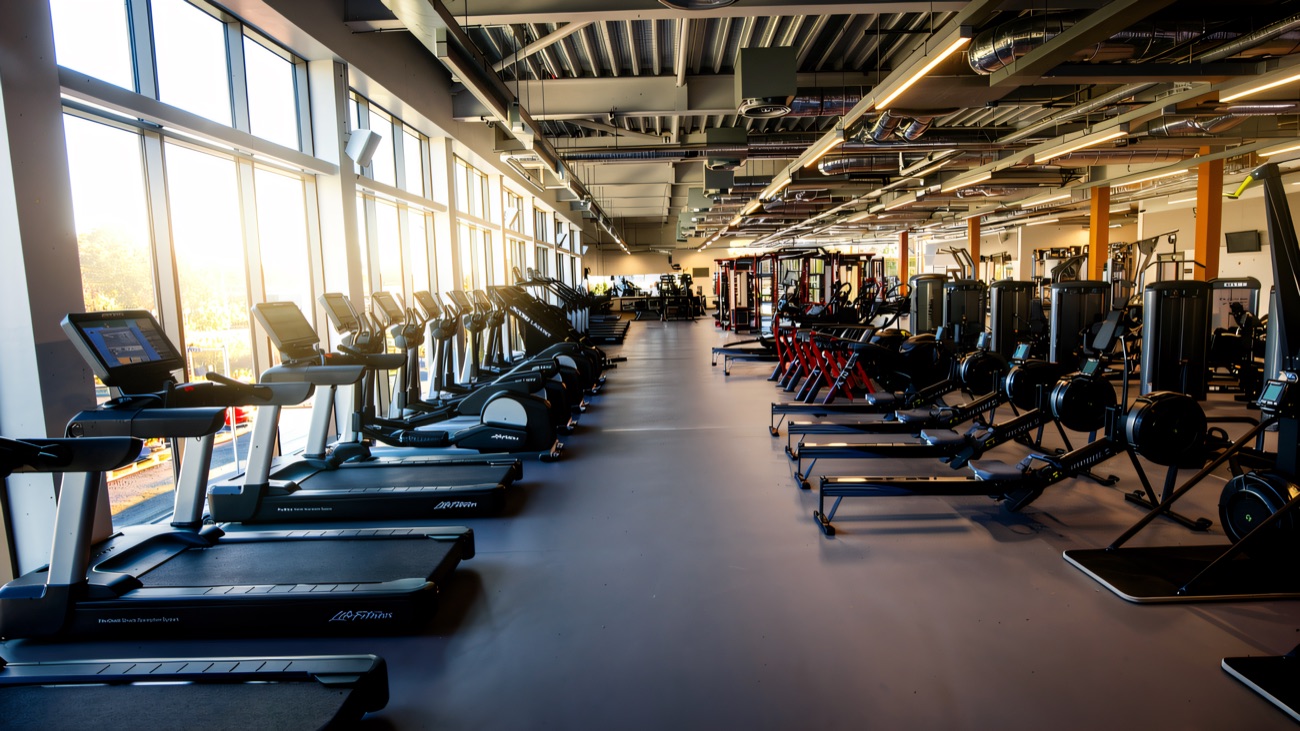 The big open gym floor, cardio one side and weights the other