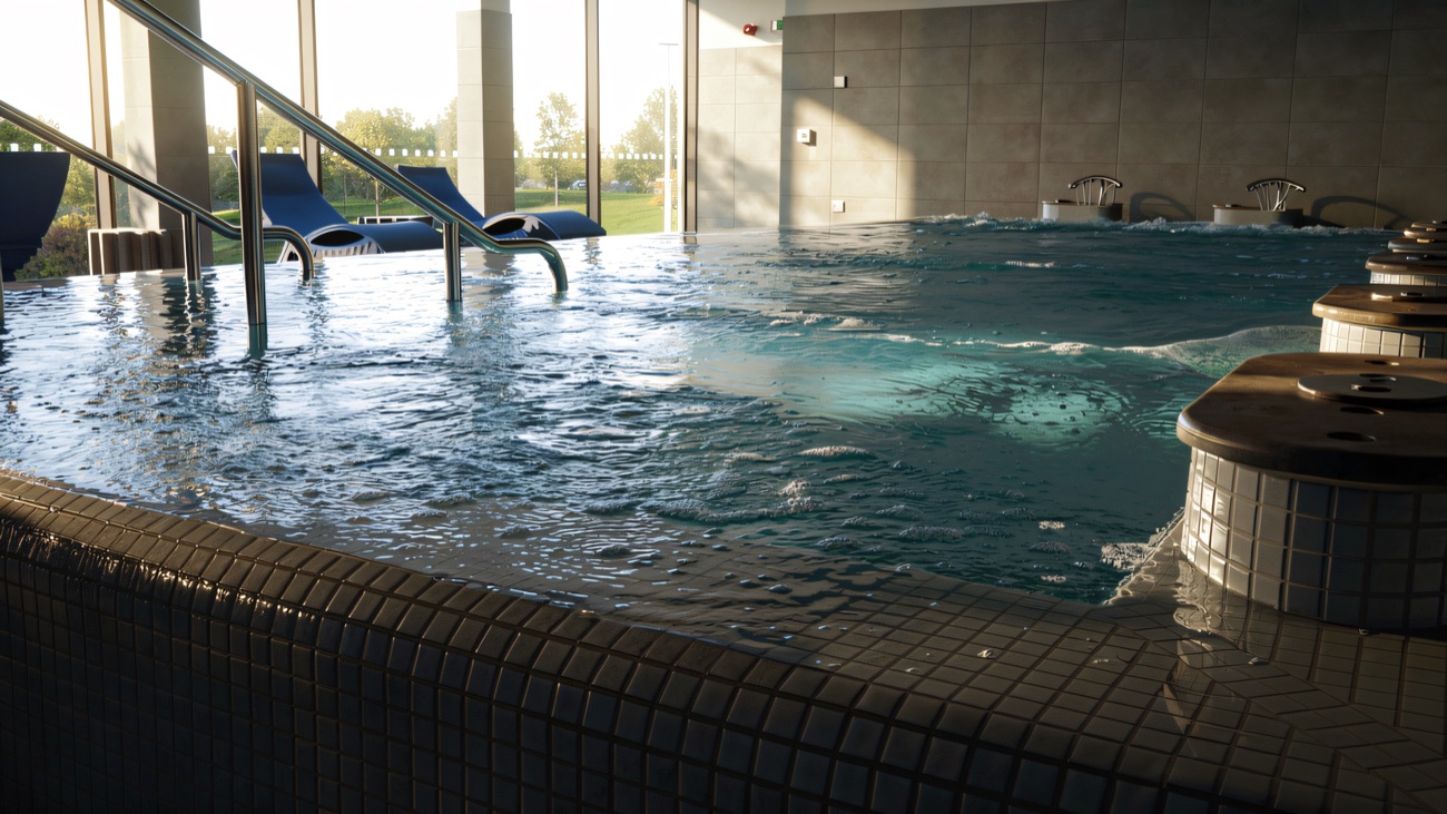 The bubbling hydro pool looking out over the grounds