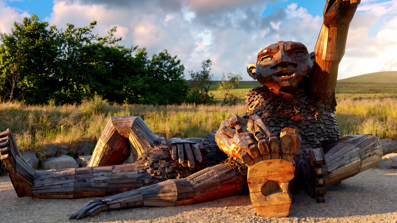 Nowanois the Storyteller, a giant reclining figure built from reclaimed timber, one of the wooden giants hidden across the Sperrins.