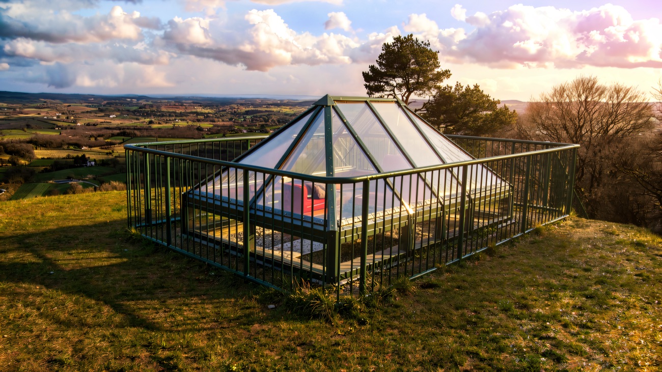 The glass-topped cairn on the hilltop, sheltering the passage tomb, with the Clogher Valley beyond.