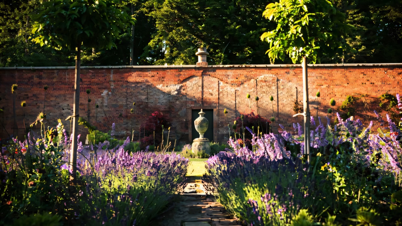 A lavender-lined path in the walled garden leading to a stone urn against an old red-brick wall
