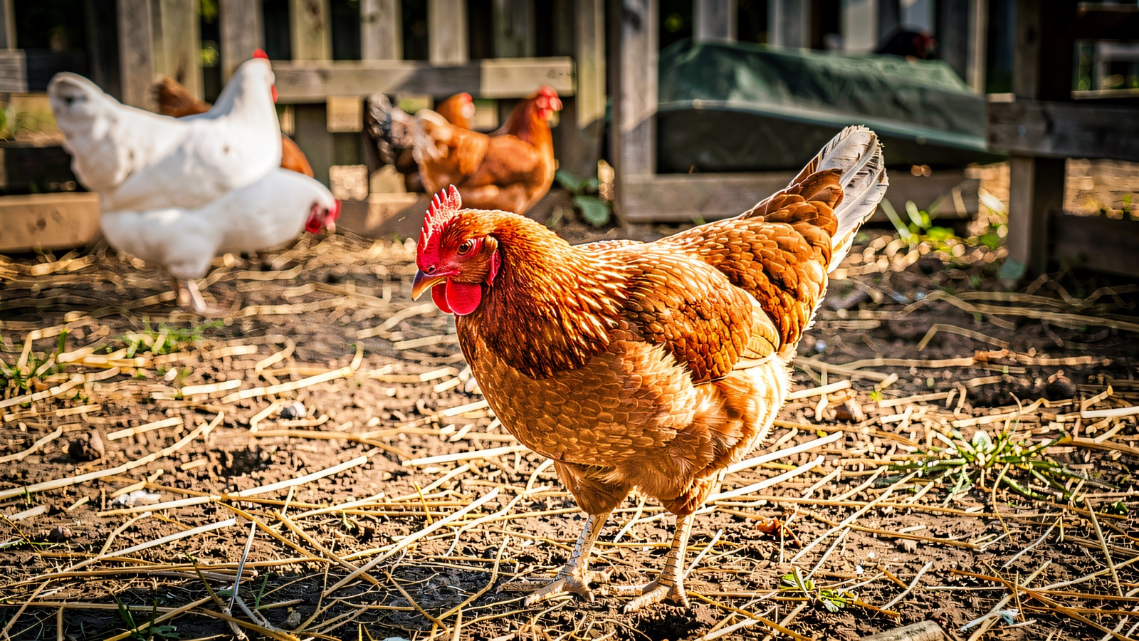 A hen wandering in the farmyard at Spruce Meadows activity farm near Lisburn