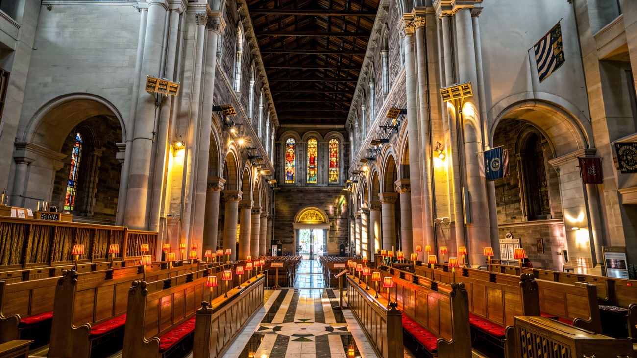 Looking down the nave over the marble aisle, the red pew lamps glowing.