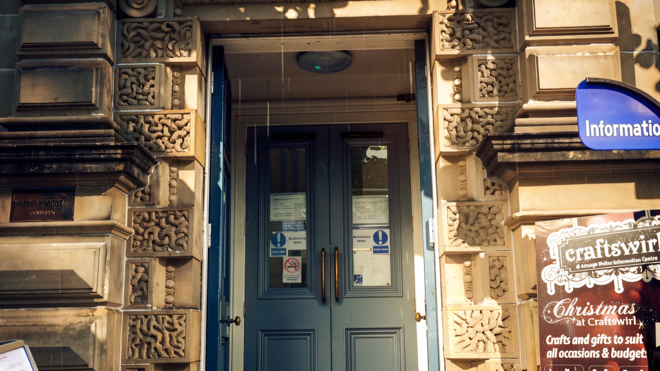The carved stone doorway at the entrance to the complex.