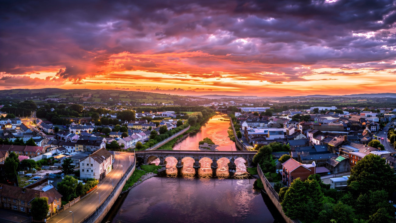 Strabane and the winding Mourne from the air at first light