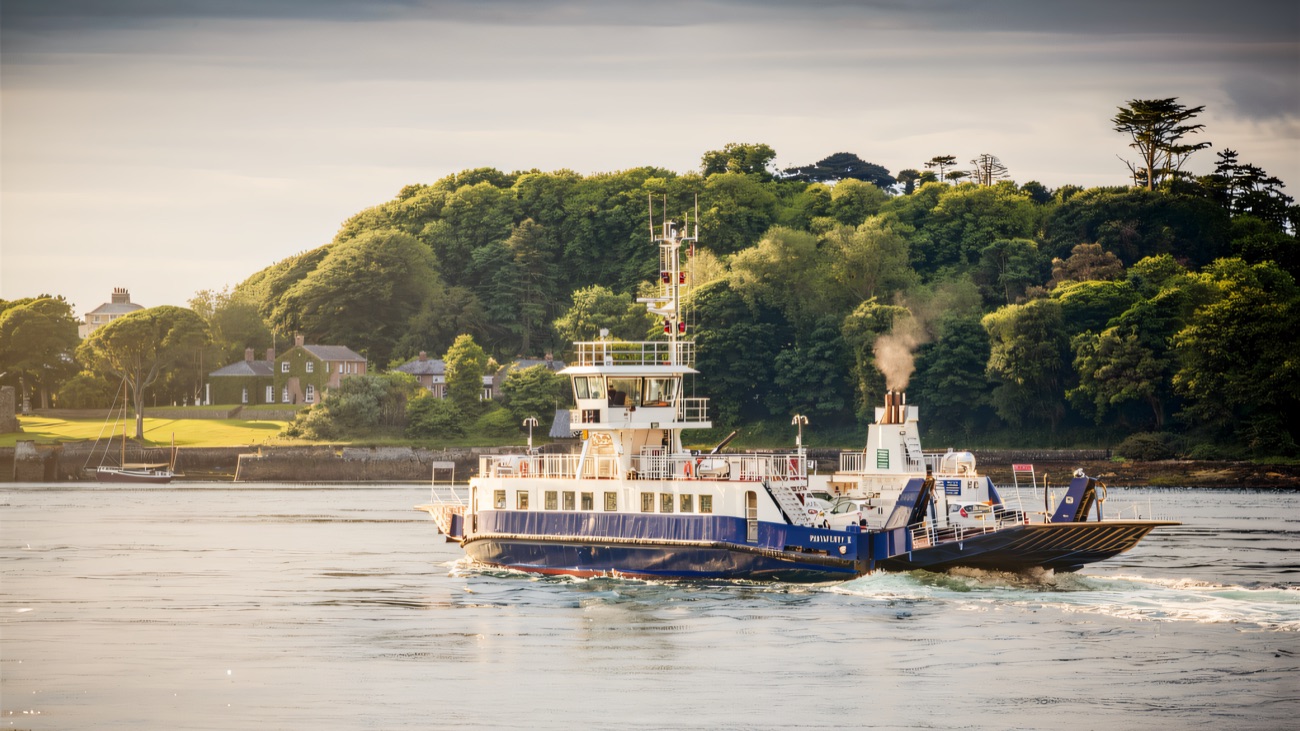 The ferry passing the wooded Strangford shore on its short hop across the lough.