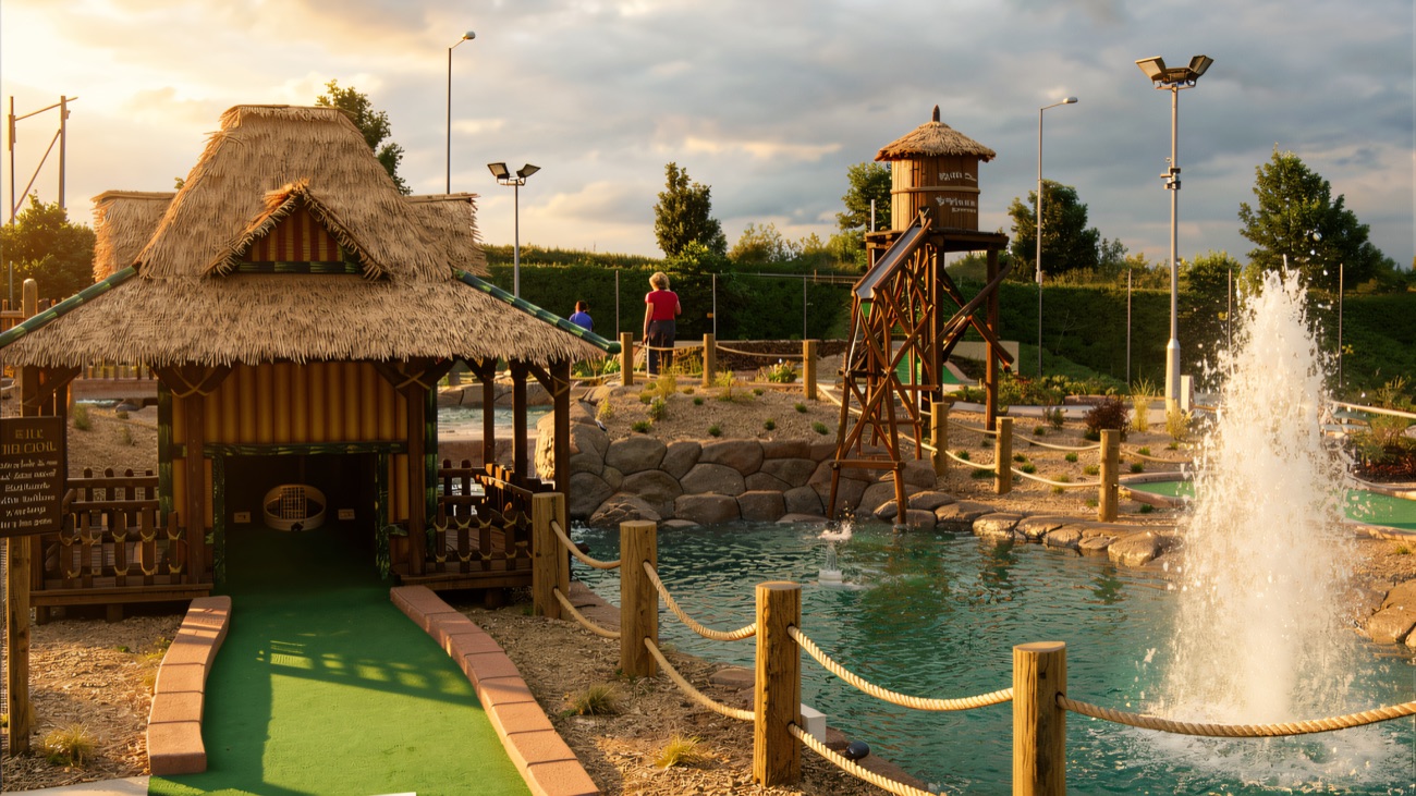 The landscaped mini golf course at Streamvale Open Farm, with a thatched tiki hut hole and water fountain