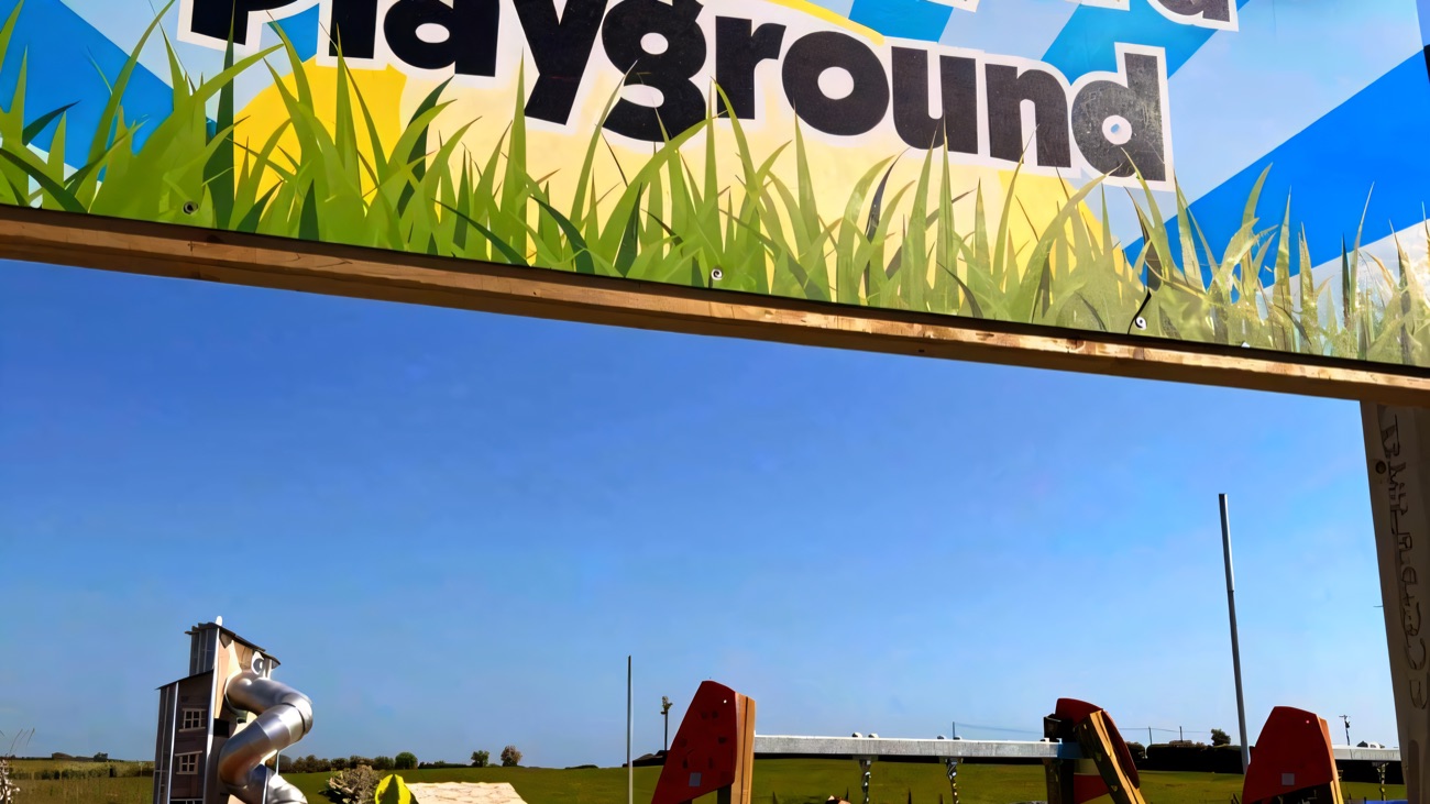 The outdoor farmyard playground with a tall spiral tube slide and swings under a blue sky