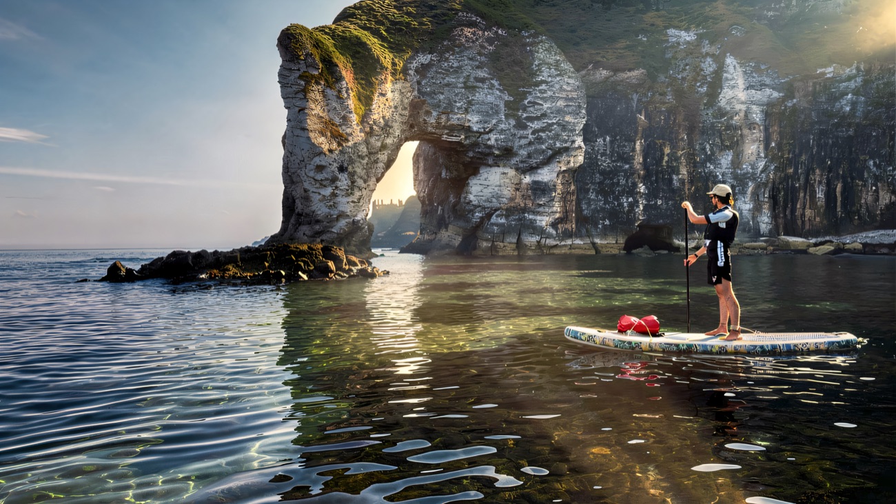 A paddleboarder gliding past the White Rocks arch