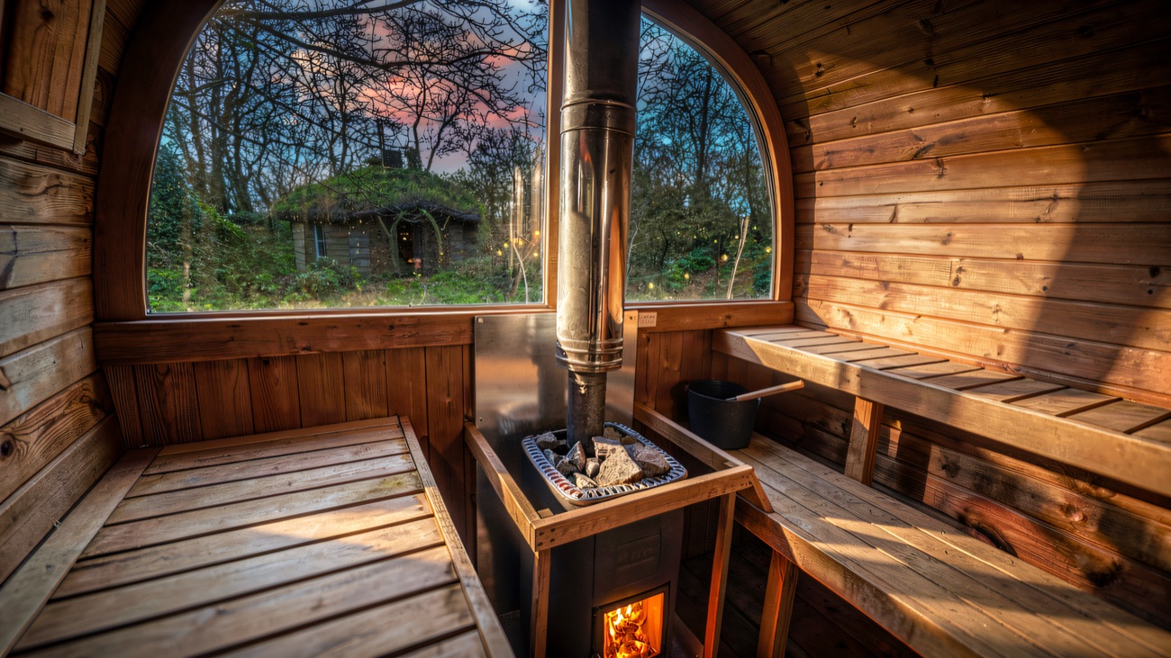 Inside the sauna, stove alight and a window onto the moss-roofed cabin outside