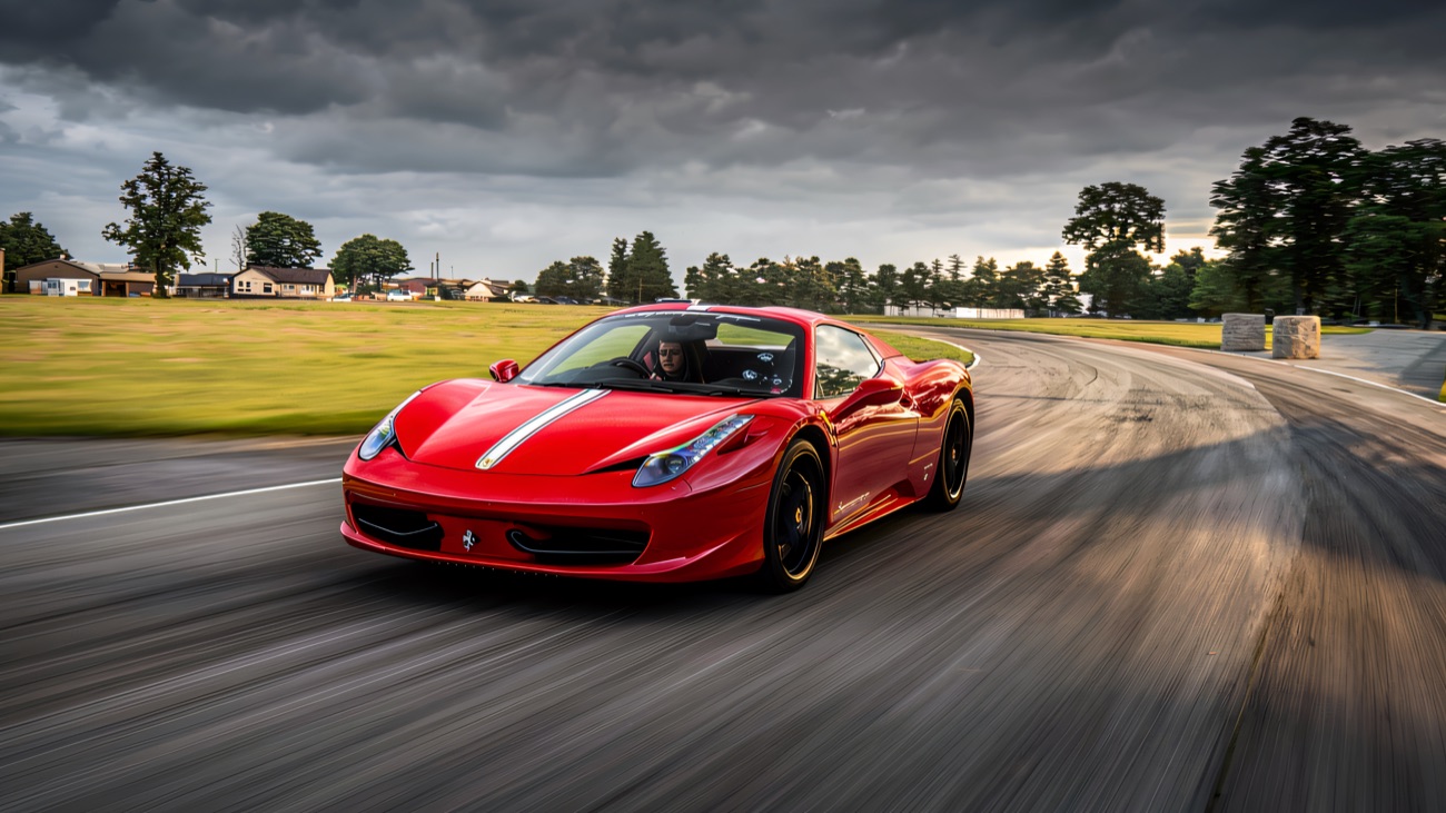 A Ferrari 458 flat out on the track