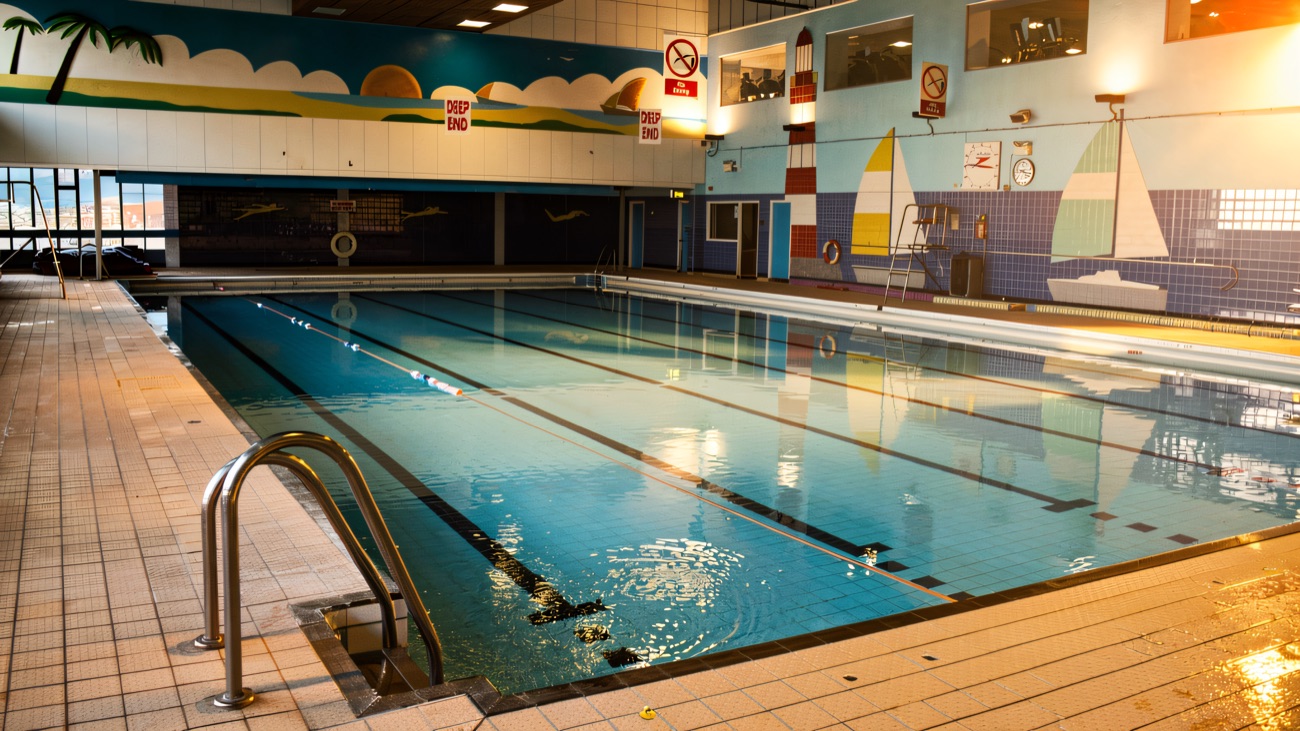 A pool hall with a seaside mural painted along the wall