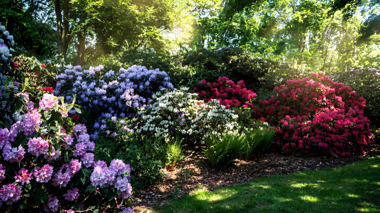 A border of rhododendrons and azaleas in pink, purple and red against woodland green