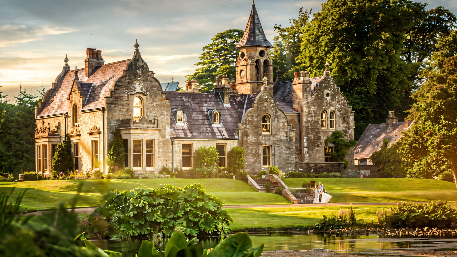 Tempo Manor, a grey Victorian house with a belfry spire, seen across the lily pond and lawns