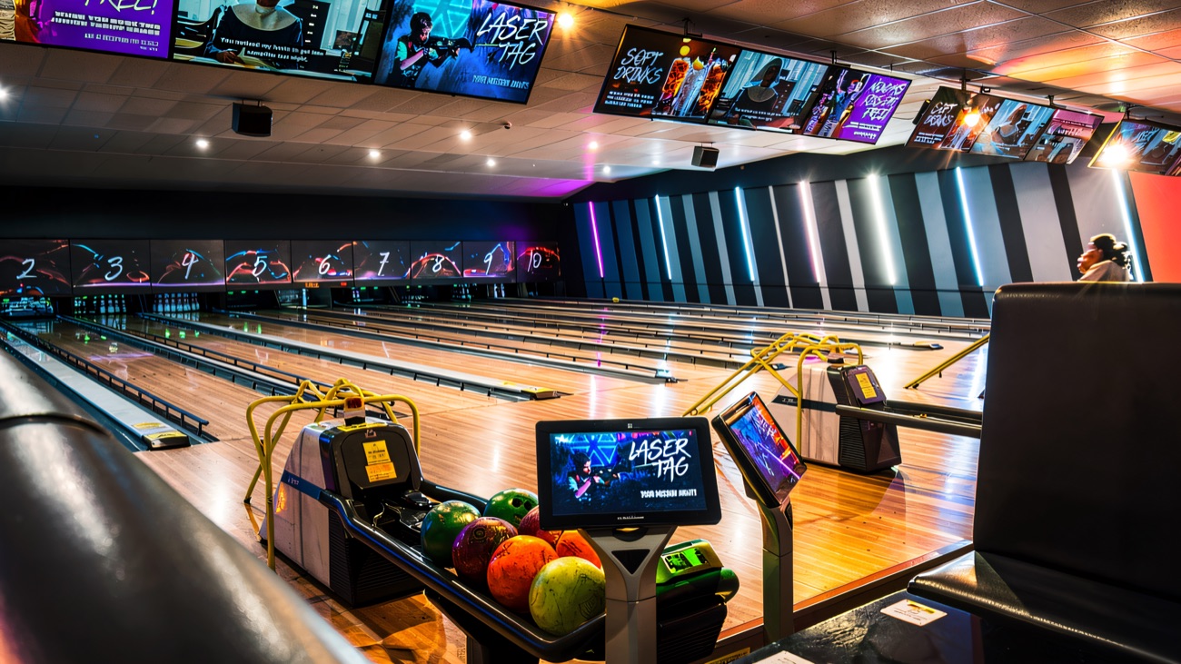 The Tenpin lanes with big screens above and balls ready to roll