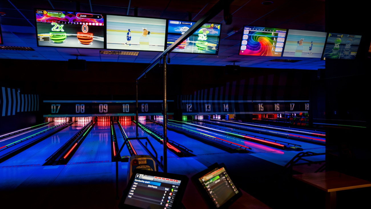 Neon lanes and score screens across the bowling hall