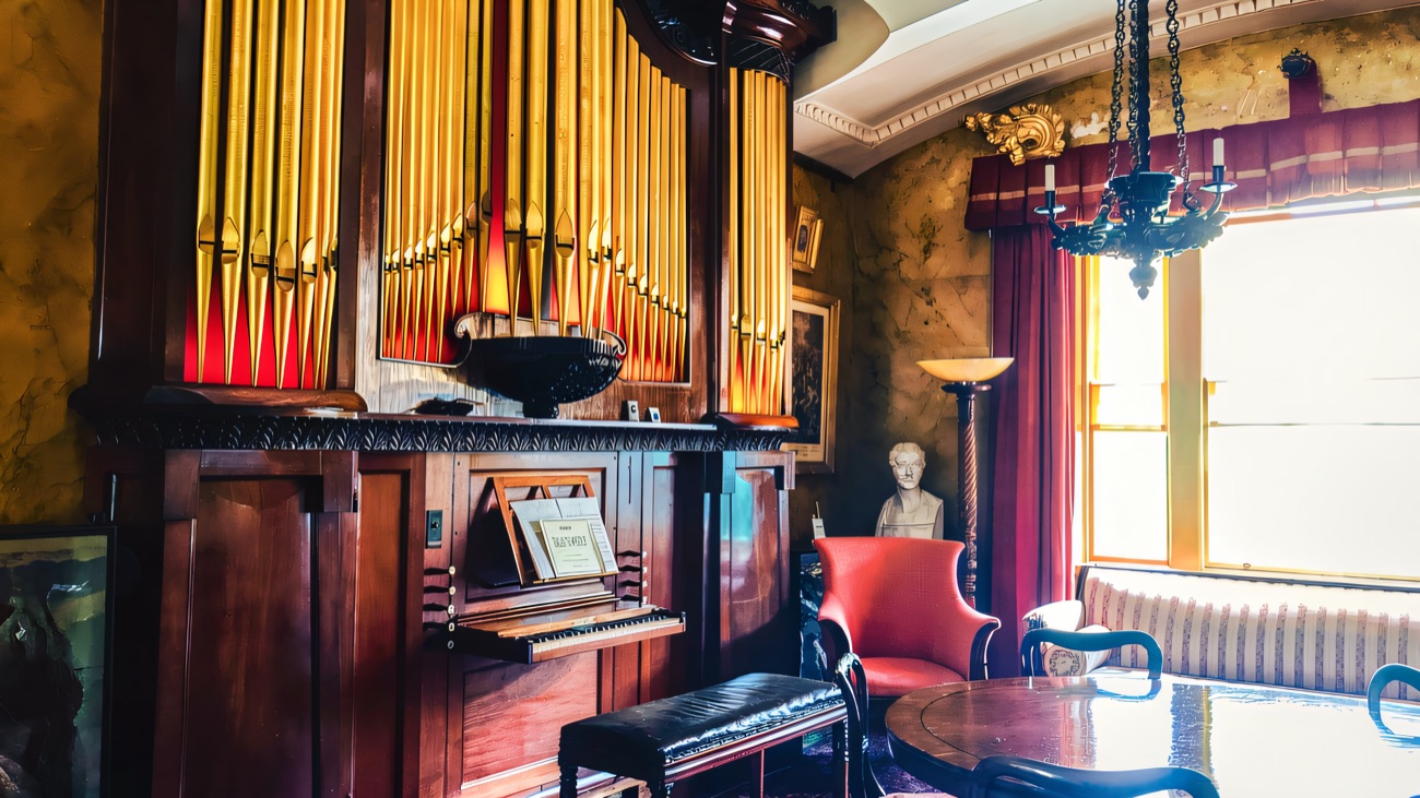 The tall barrel organ with its red and gold pipes standing in a richly furnished drawing room inside The Argory