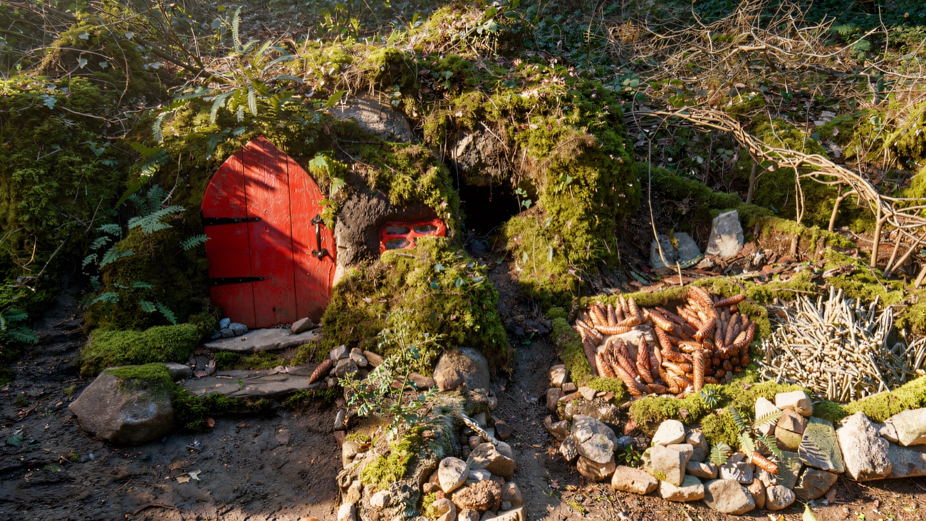 A tiny red fairy door built into a mossy bank on the trail
