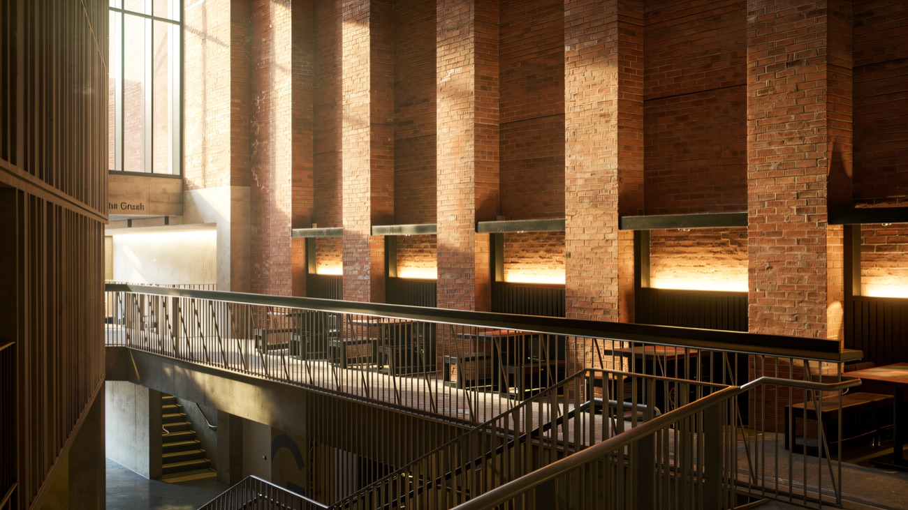 The dramatic brick-and-concrete interior atrium that gives The MAC its character