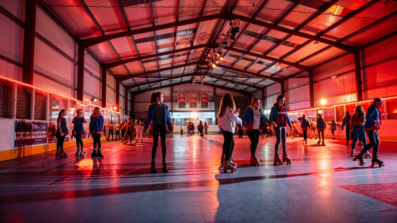 Skaters circling the rink under coloured lights and a mirror ball