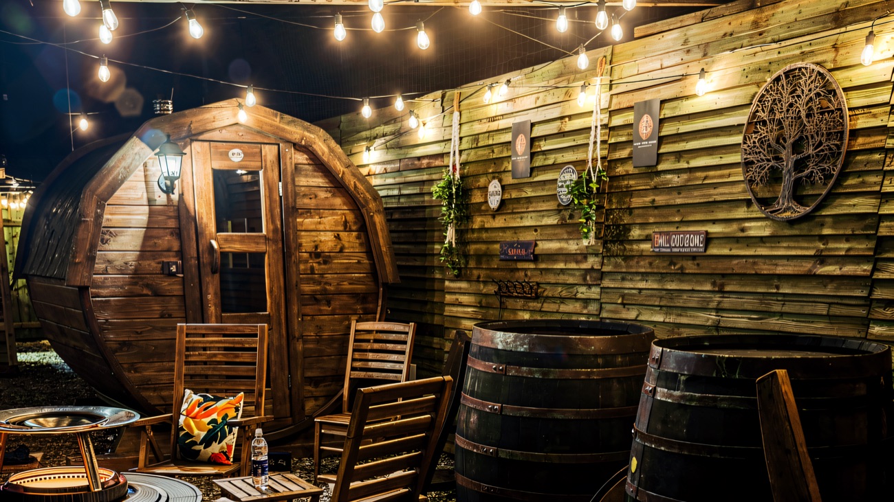 The barrel sauna and barrel plunge tubs under festoon lights