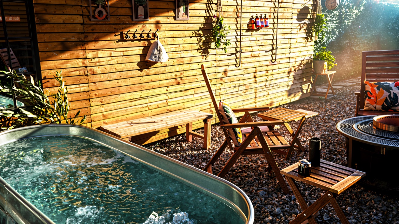 The ice bath and fire pit in the courtyard by day