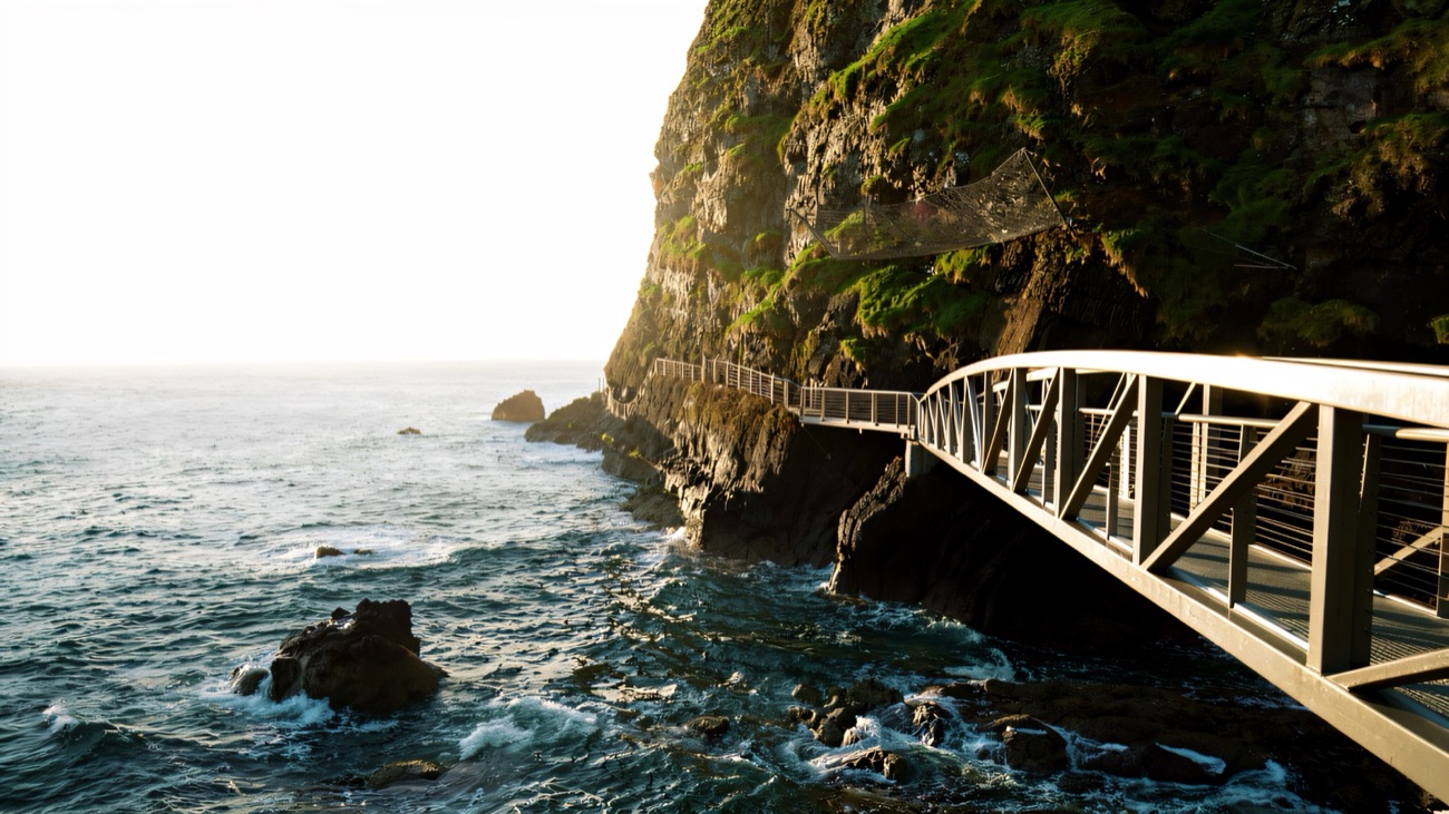 A steel bridge of the Gobbins cliff path curving along the rock face above the churning Atlantic