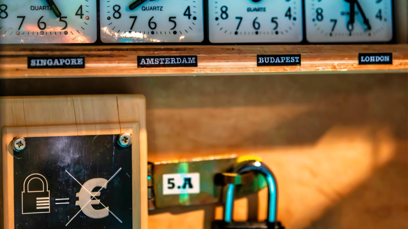 World clocks and a combination padlock built into the puzzle wall