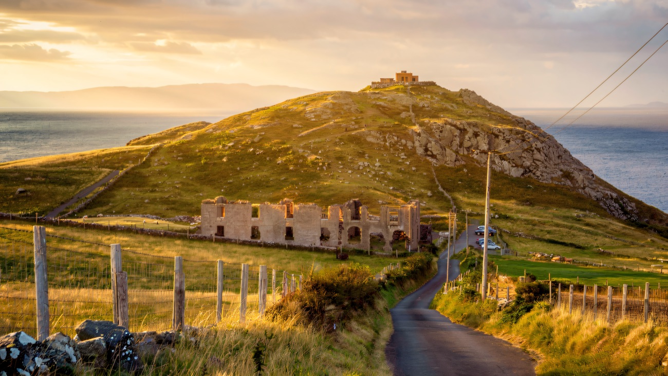 The narrow road climbing to the old barracks on Torr Head