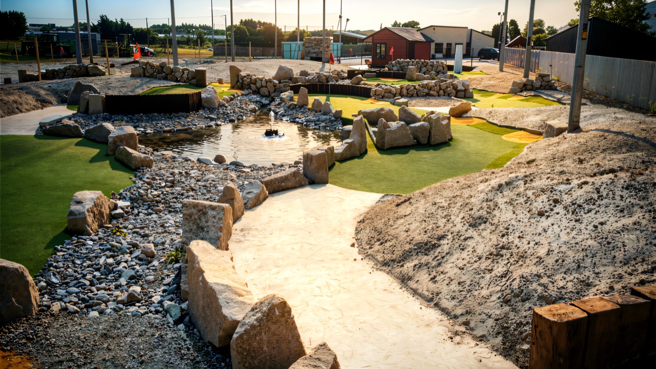 The rockery-and-water crazy golf course at Tropical World, Newcastle, with stone-lined streams winding between the greens
