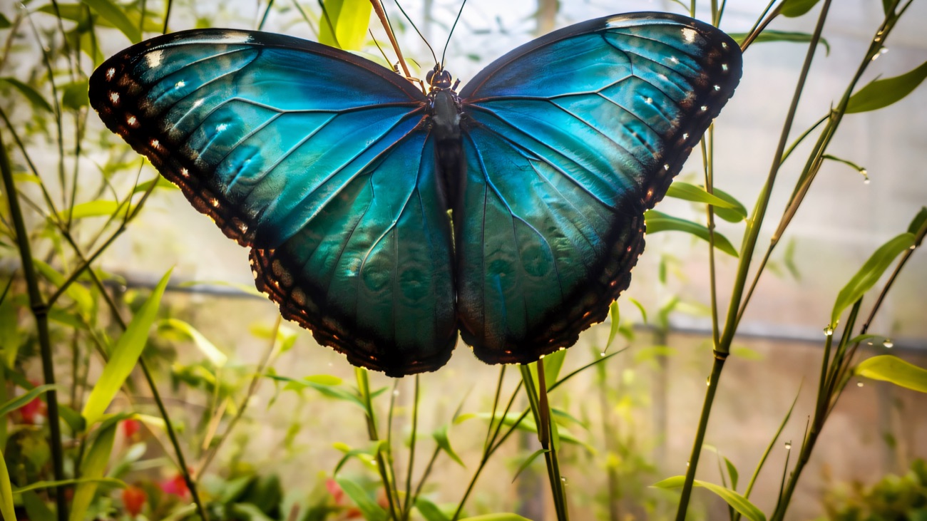 A bright blue morpho butterfly with wings fully open, resting on greenery inside the tropical glasshouse