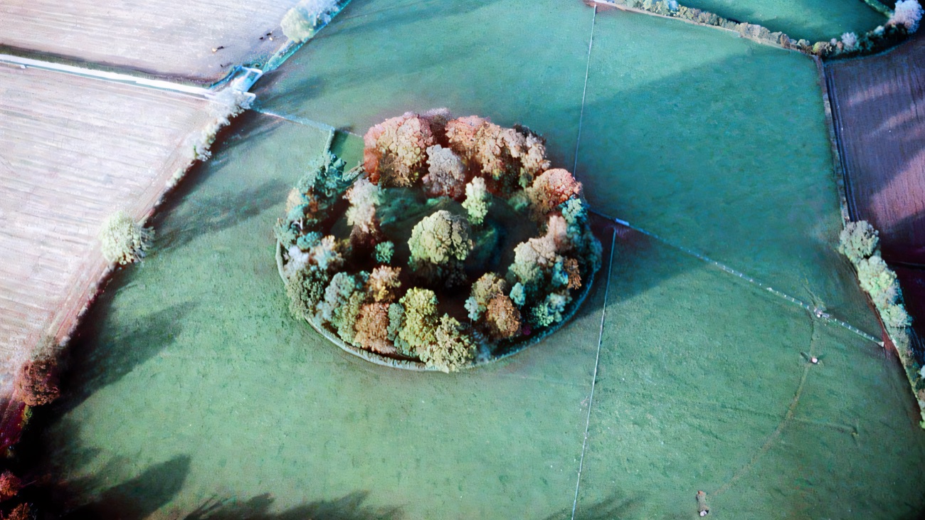 Autumn colour fills the great ring of trees crowning the ancient enclosure, viewed from the air.