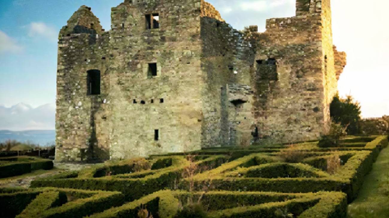 The recreated 17th-century-style box-hedge garden laid out inside the bawn beside the ruin
