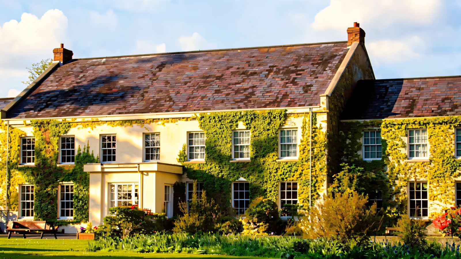 The long ivy-clad front of Tullylagan Country House with picnic benches on a green lawn in the sunshine
