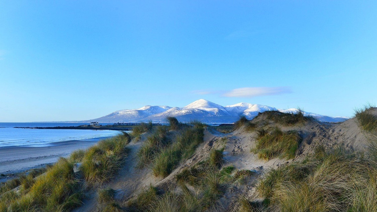 Snow-capped Mourne Mountains seen from the dunes and beach at Tyrella on a crisp clear day