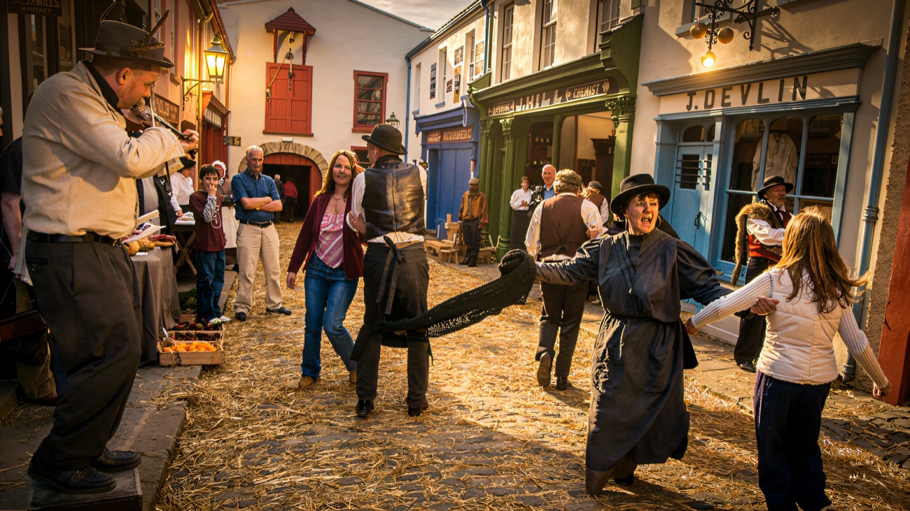 Costumed folk dancing to a fiddler on a cobbled Old World street of painted shopfronts