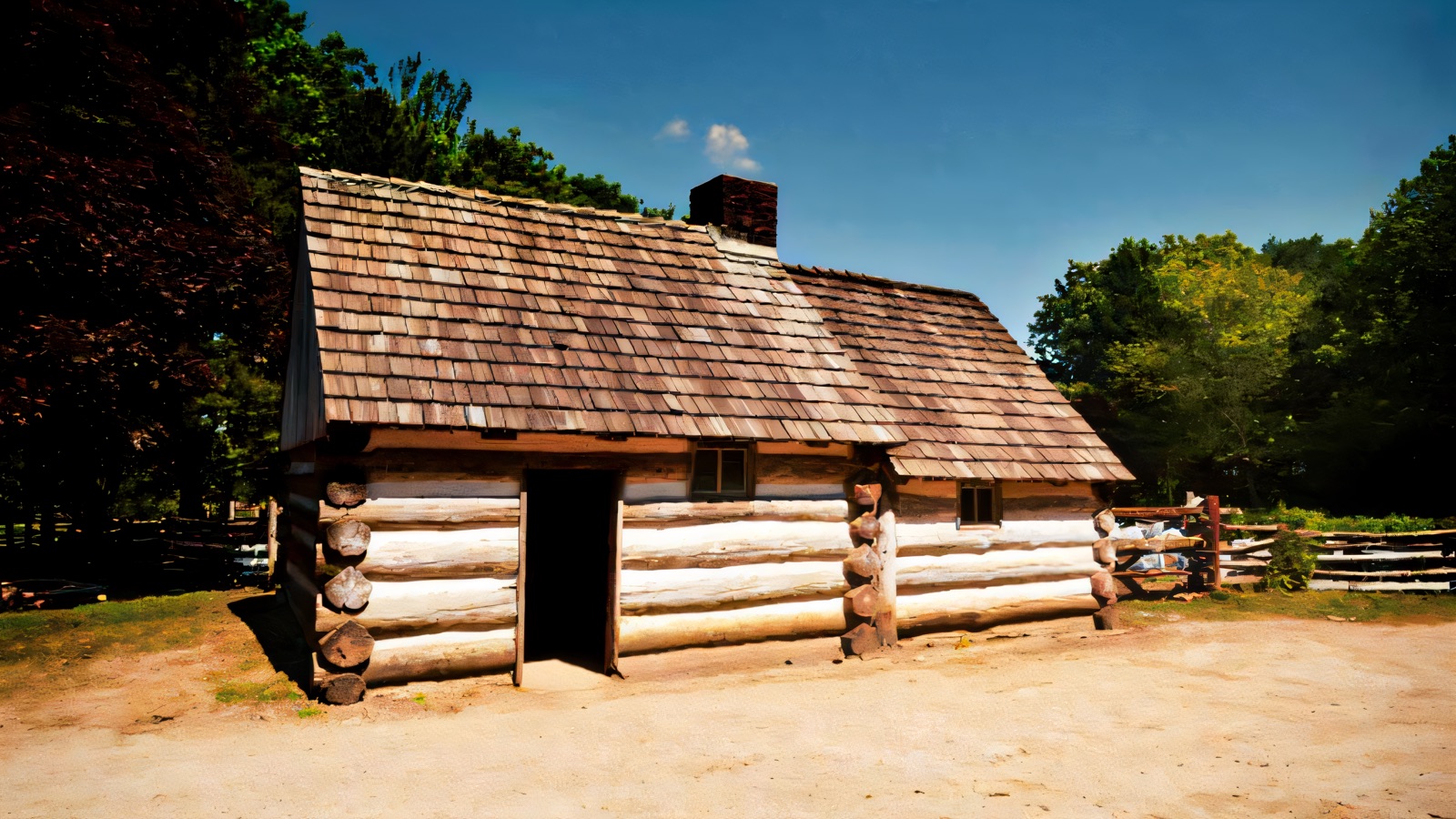 A whitewashed log emigrant-era cabin with a shingle roof under a blue sky